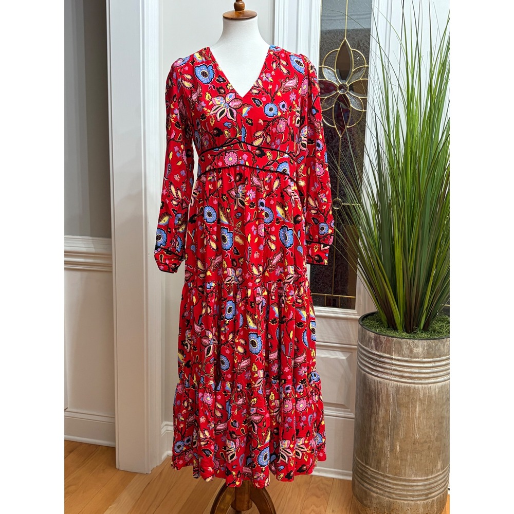 Boden Tiered Midi Dress Red Floral Multi V-Neck US 6 UK 10 NWT British Boho